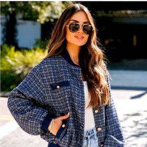 Strut & Bolt Modern Day Chic Tweed Pocketed Bomber Jacket -Navy VICI collection